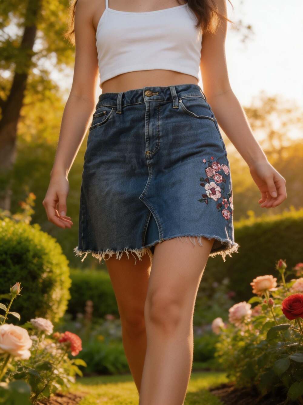 Seven7 10 Dark Wash Denim Floral Embroidered Raw Stretch Fashion Skirt Boho Cott